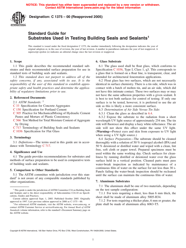 ASTM C1375-00(2005) - Standard Guide for Substrates Used in Testing Building Seals and Sealants