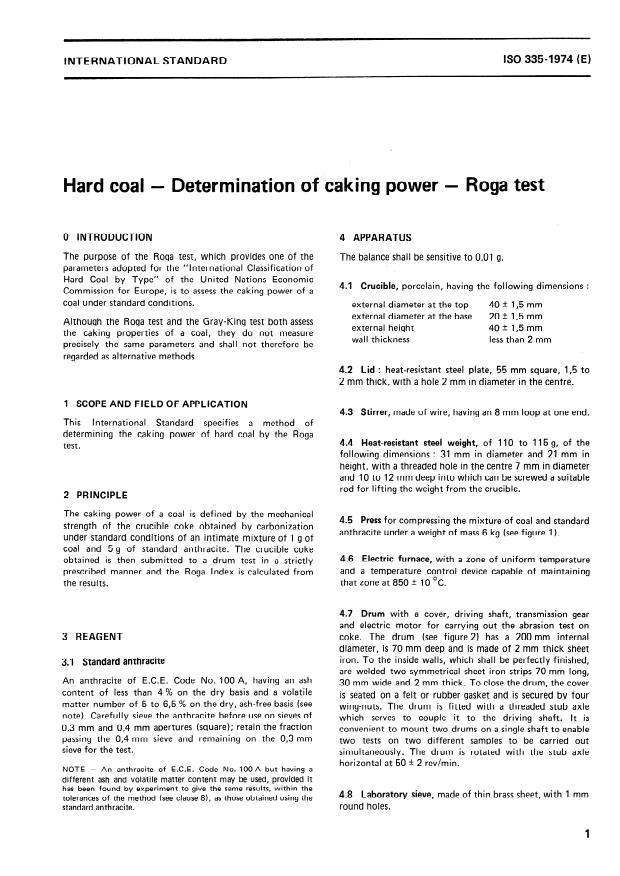 ISO 335:1974 - Hard coal -- Determination of caking power -- Roga test