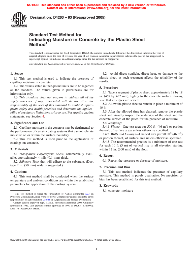 ASTM D4263-83(2005) - Standard Test Method for Indicating Moisture in Concrete by the Plastic Sheet Method