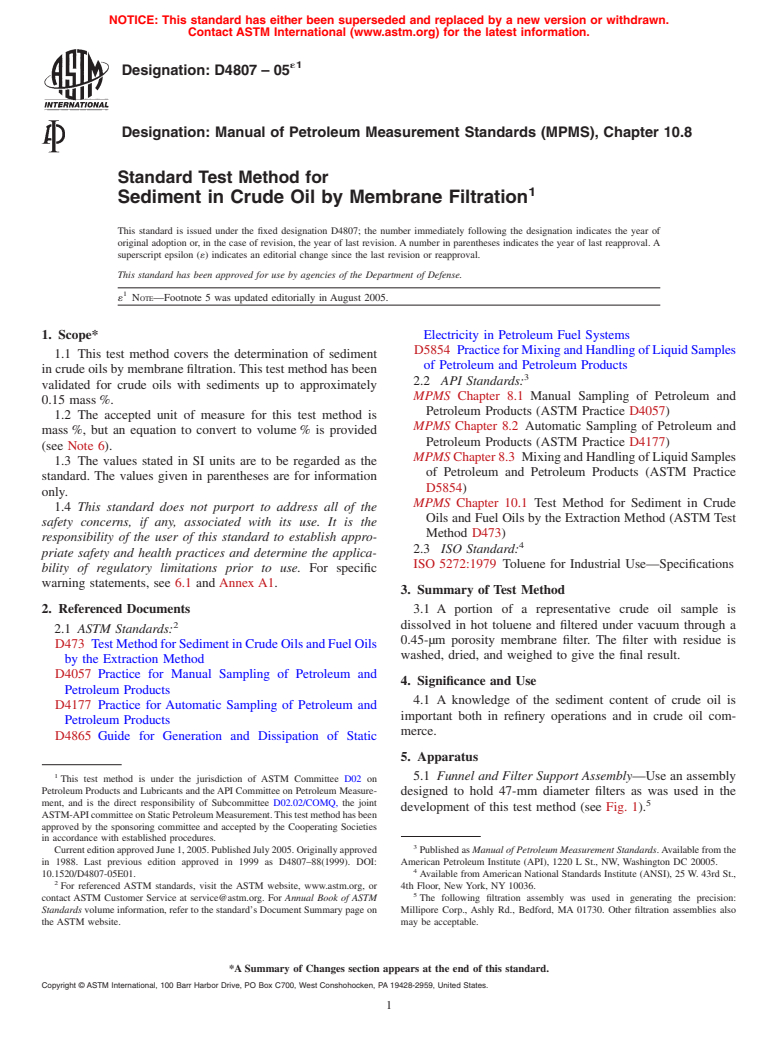 ASTM D4807-05e1 - Standard Test Method for Sediment in Crude Oil by Membrane Filtration