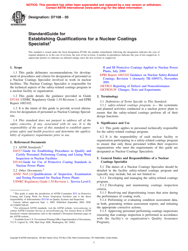 ASTM D7108-05 - Standard Guide for Establishing Qualifications for a Nuclear Coatings Specialist