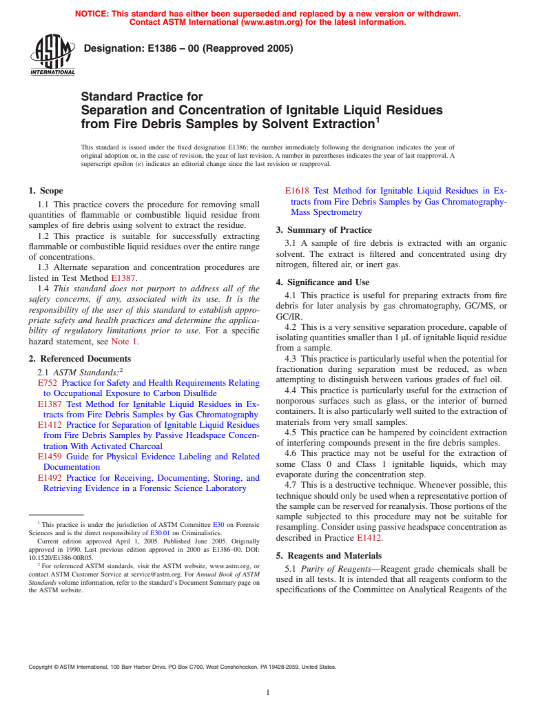 ASTM E1386-00(2005) - Standard Practice for Separation and Concentration of Ignitable Liquid Residues from Fire Debris Samples by Solvent Extraction