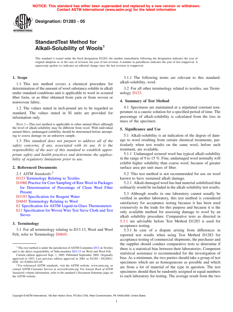 ASTM D1283-05 - Standard Test Method for Alkali-Soluability of Wools