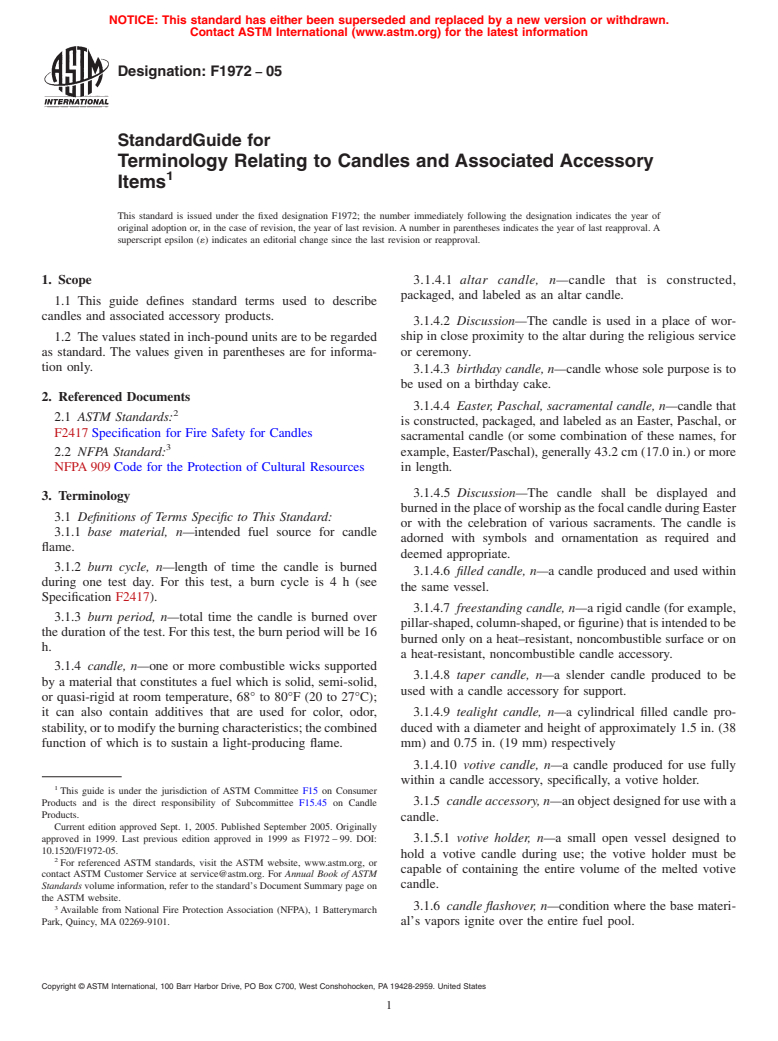 ASTM F1972-05 - Standard Guide for Terminology Relating to Candles and Associated Accessory Items