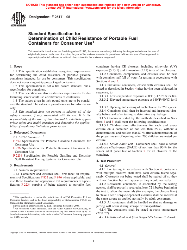 ASTM F2517-05 - Standard Specification for Determination of Child Resistance of Portable Fuel Containers for Consumer Use