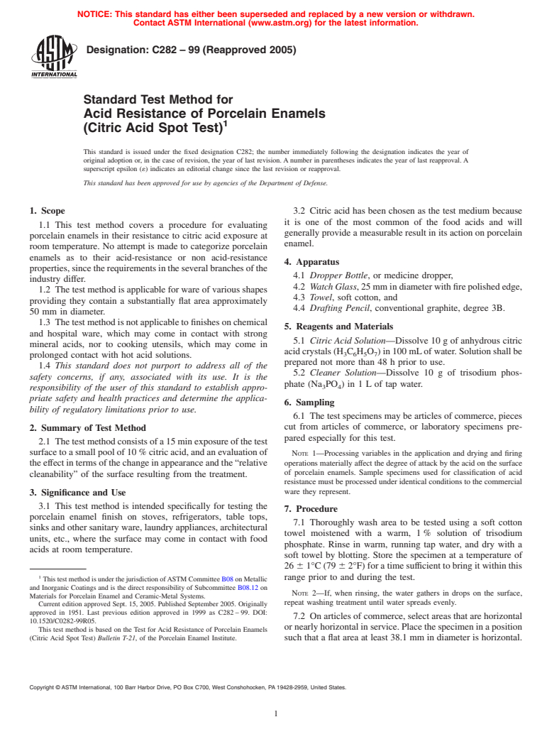 ASTM C282-99(2005) - Standard Test Method for Acid Resistance of Porcelain Enamels (Citric Acid Spot Test)