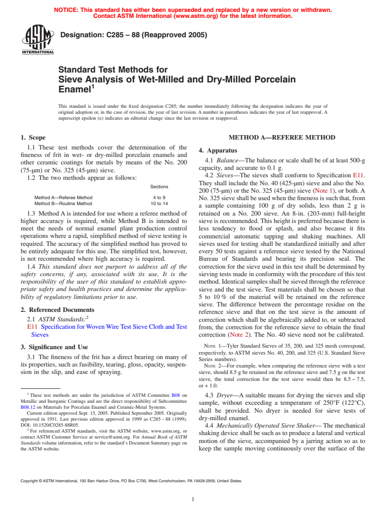 ASTM C285-88(2005) - Standard Test Methods for Sieve Analysis of Wet-Milled and Dry-Milled Porcelain Enamel