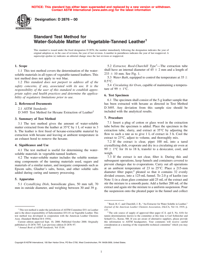 ASTM D2876-00 - Standard Test Method for Water-Soluble Matter of Vegetable-Tanned Leather