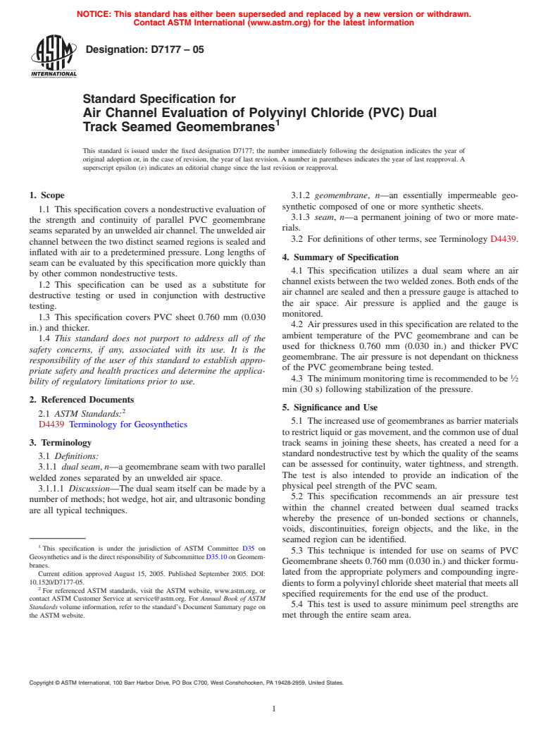 ASTM D7177-05 - Standard Specification for Air Channel Evaluation of Polyvinyl Chloride (PVC) Dual Track Seamed Geomembranes