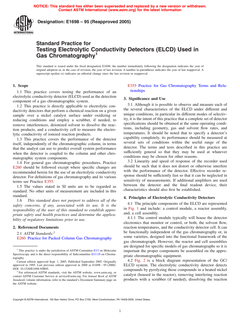 ASTM E1698-95(2005) - Standard Practice for Testing Electrolytic Conductivity Detectors (ELCD) Used in Gas Chromatography