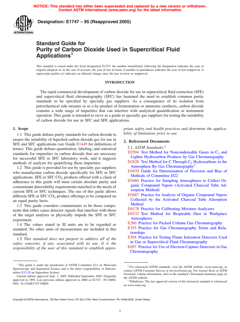 ASTM E1747-95(2005) - Standard Guide for Purity of Carbon Dioxide Used in Supercritical Fluid Applications