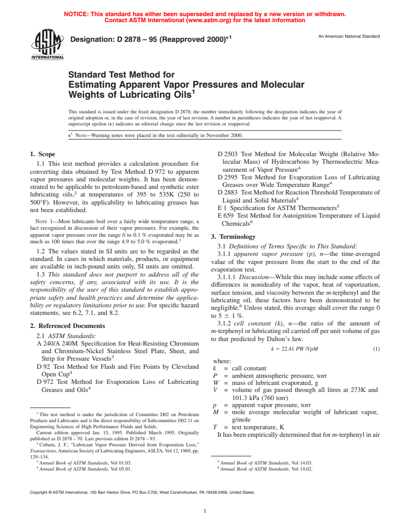 ASTM D2878-95(2000)e1 - Standard Test Method for Estimating Apparent Vapor Pressures and Molecular Weights of Lubricating Oils