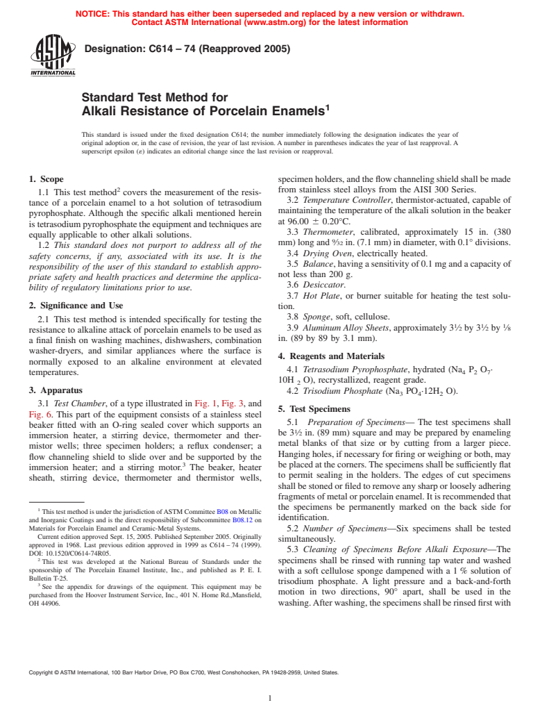 ASTM C614-74(2005) - Standard Test Method for Alkali Resistance of Porcelain Enamels