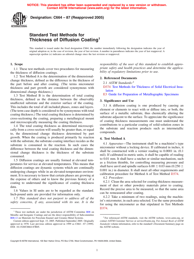 ASTM C664-87(2005) - Standard Test Methods for Thickness of Diffusion Coating