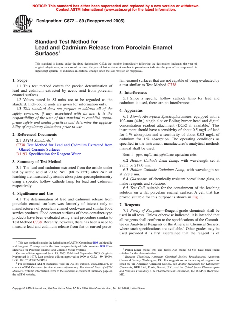 ASTM C872-89(2005) - Standard Test Method for Lead and Cadmium Release from Porcelain Enamel Surfaces