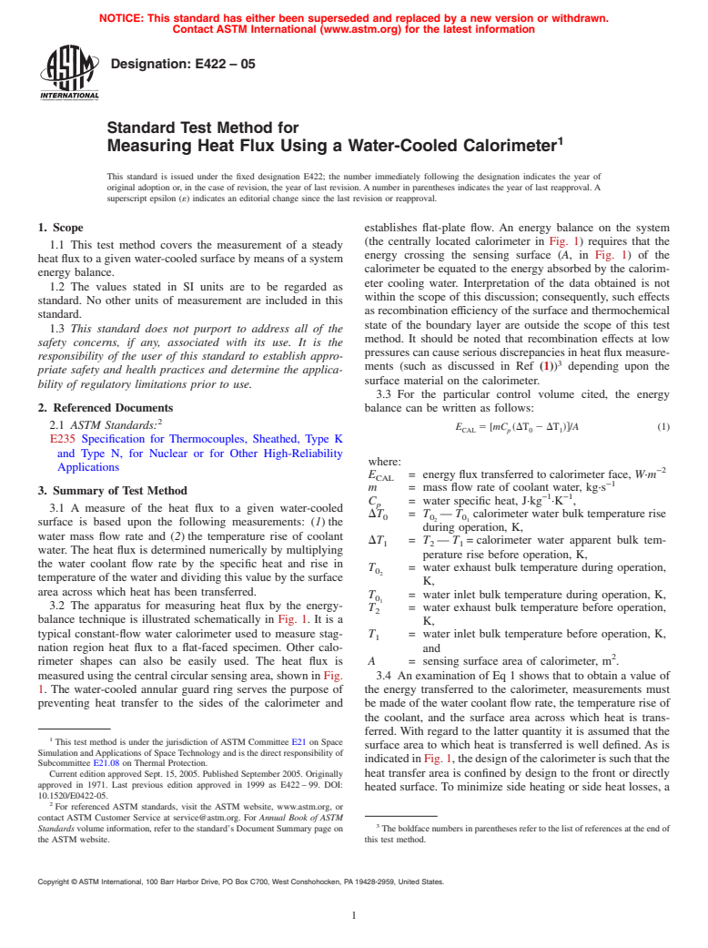ASTM E422-05 - Standard Test Method for Measuring Heat Flux Using a Water-Cooled Calorimeter