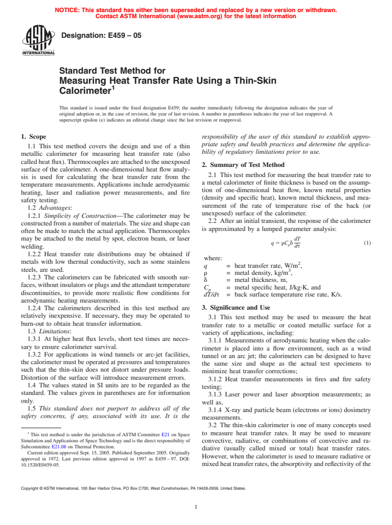 ASTM E459-05 - Standard Test Method for Measuring Heat Transfer Rate Using a Thin-Skin Calorimeter