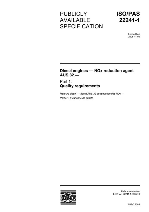 ISO/PAS 22241-1:2005 - Diesel engines -- NOx reduction agent AUS 32