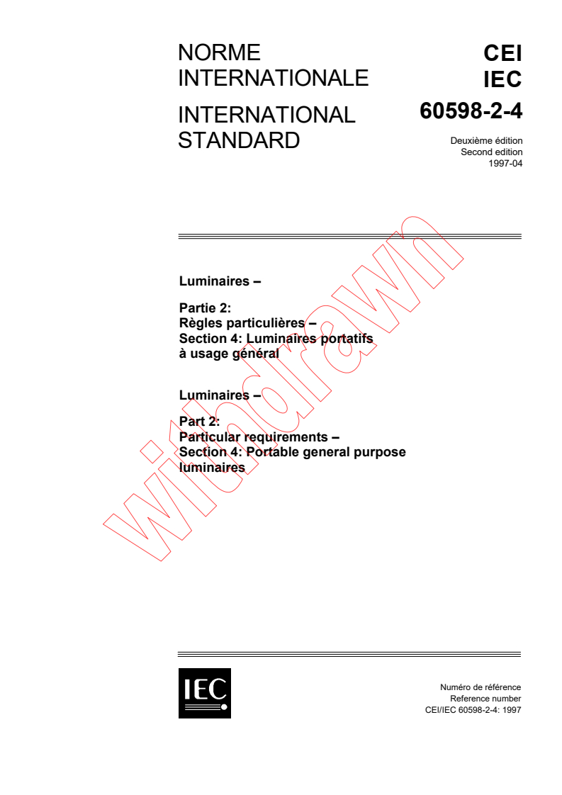 IEC 60598-2-4:1997 - Luminaires - Part 2: Particular requirements - Section 4: Portable general purpose luminaires
Released:4/28/1997
Isbn:2831838088