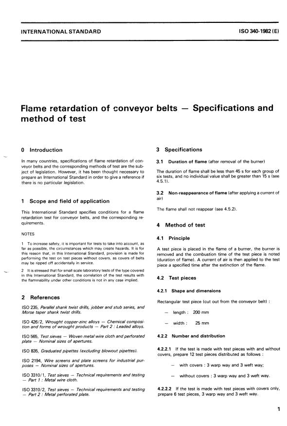 ISO 340:1982 - Flame retardation of conveyor belts -- Specifications and method of test