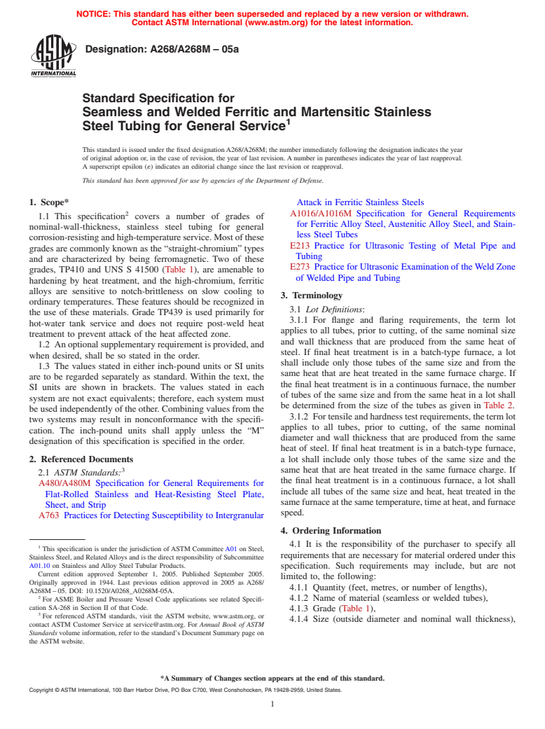ASTM A268/A268M-05a - Standard Specification for Seamless and Welded Ferritic and Martensitic Stainless Steel Tubing for General Service