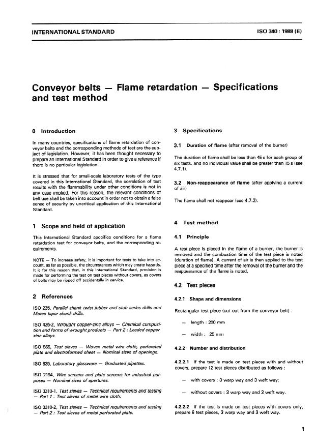 ISO 340:1988 - Conveyor belts -- Flame retardation -- Specifications and test method