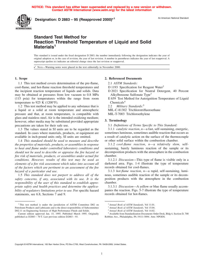 ASTM D2883-95(2000)e1 - Standard Test Method for Reaction Threshold Temperature of Liquid and Solid Materials