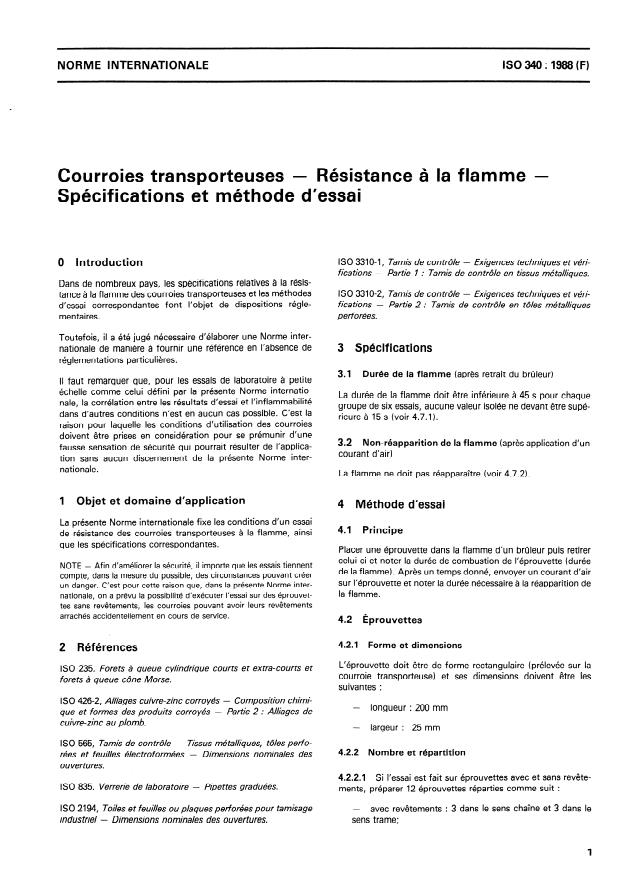 ISO 340:1988 - Courroies transporteuses -- Résistance a la flamme -- Spécifications et méthode d'essai