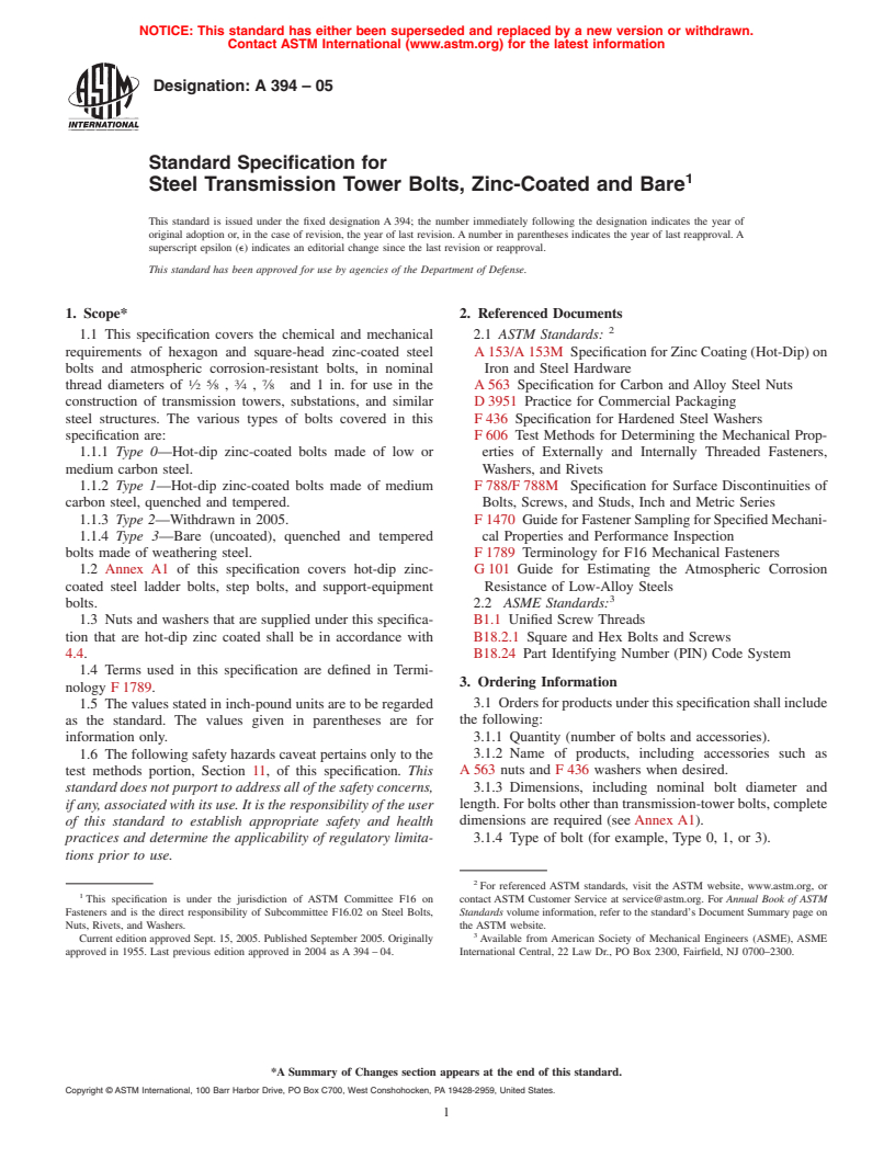 ASTM A394-05 - Standard Specification for Steel Transmission Tower Bolts, Zinc-Coated and Bare