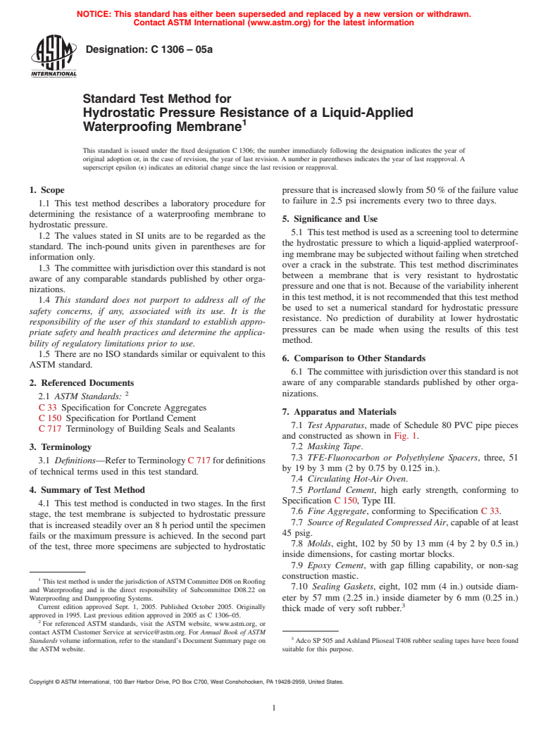 ASTM C1306-05a - Standard Test Method for Hydrostatic Pressure Resistance of a Liquid-Applied Waterproofing Membrane