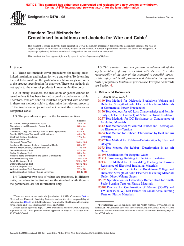 ASTM D470-05 - Standard Test Methods for Crosslinked Insulations and Jackets for Wire and Cable