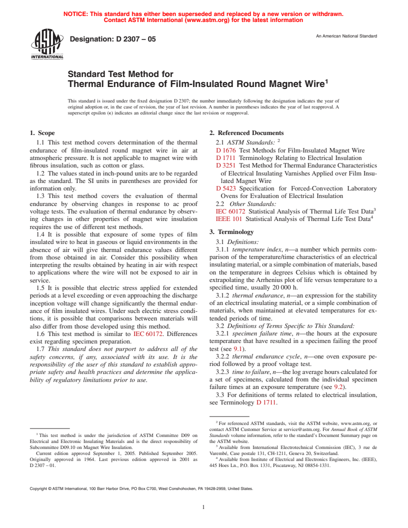 ASTM D2307-05 - Standard Test Method for Thermal Endurance of Film-Insulated Round Magnet Wire