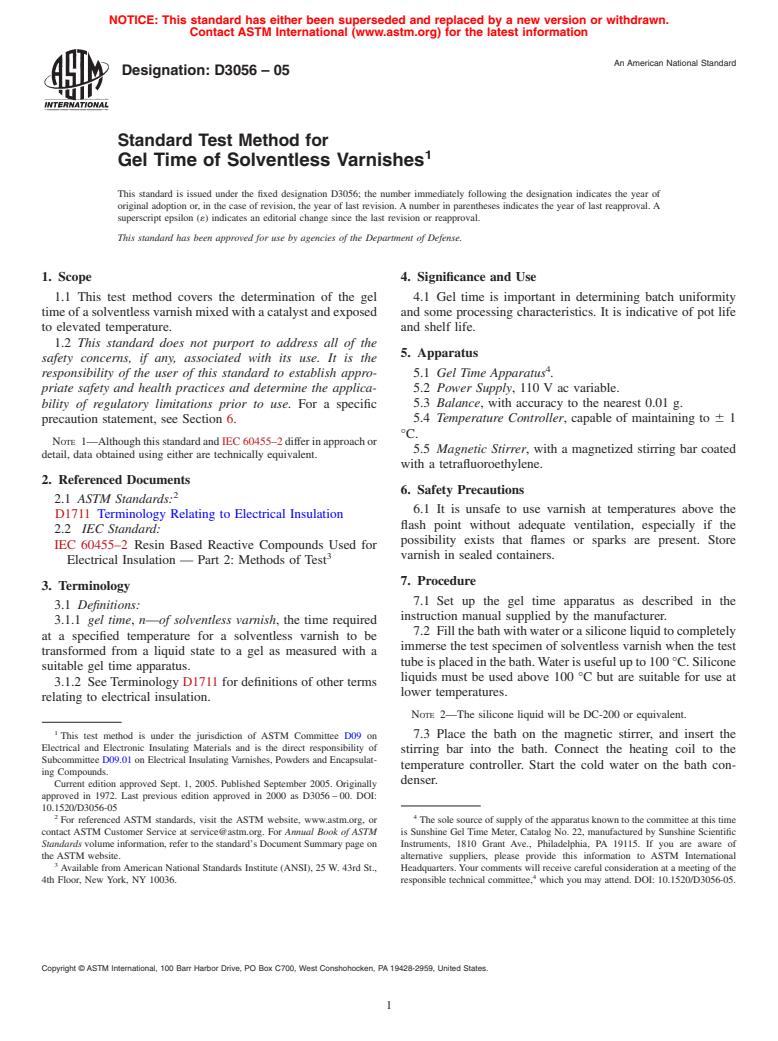 ASTM D3056-05 - Standard Test Method for Gel Time of Solventless Varnishes