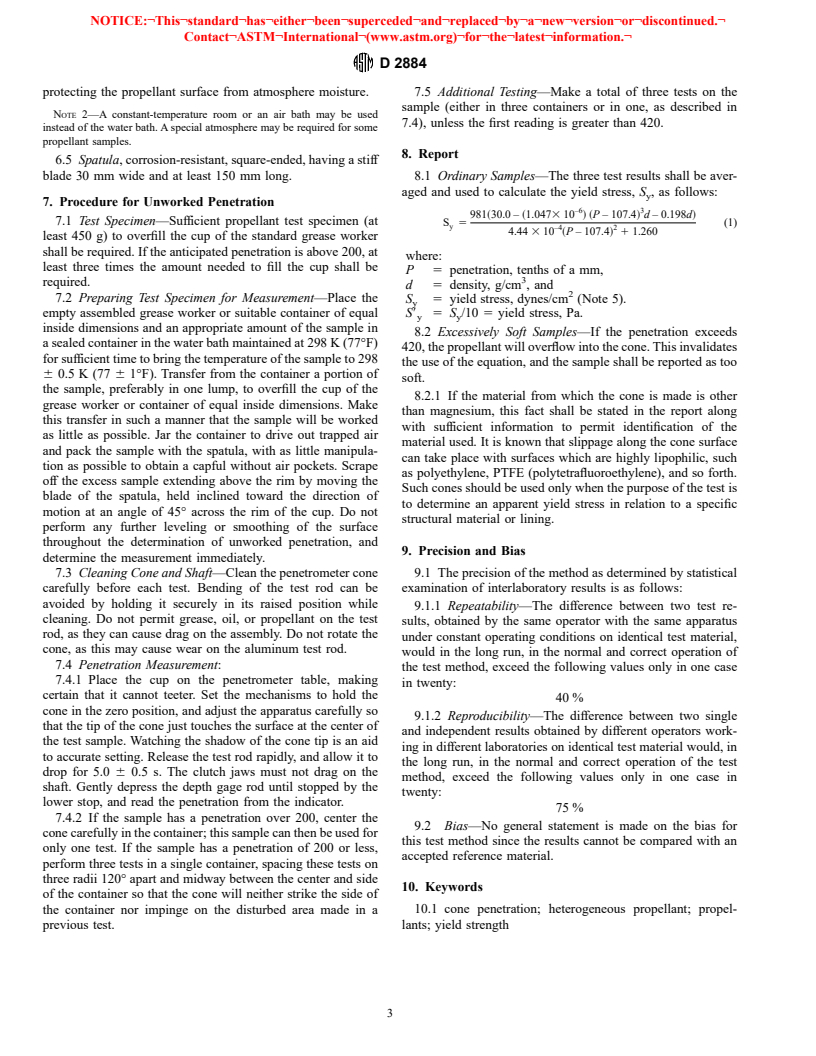 ASTM D2884-93(1998) - Standard Test Method for Yield Stress of Heterogeneous Propellants by Cone Penetration Method