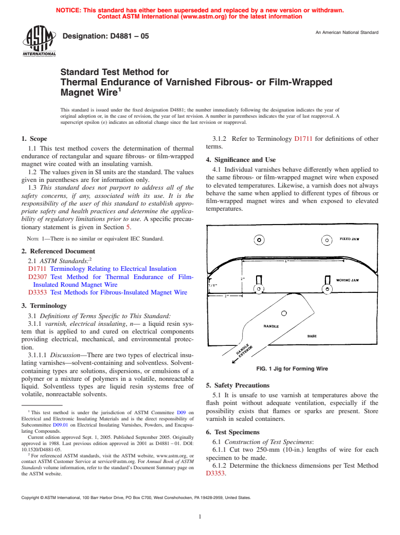 ASTM D4881-05 - Standard Test Method for Thermal Endurance of Varnished Fibrous- or Film-Wrapped Magnet Wire