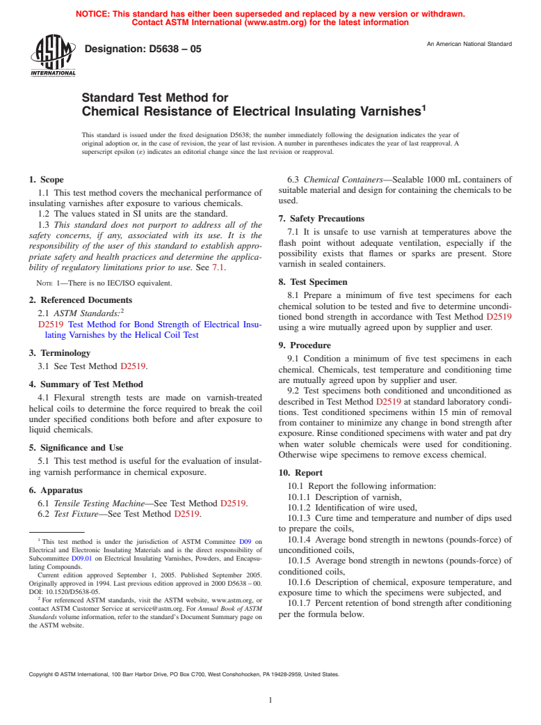 ASTM D5638-05 - Standard Test Method for Chemical Resistance of Electrical Insulating Varnishes