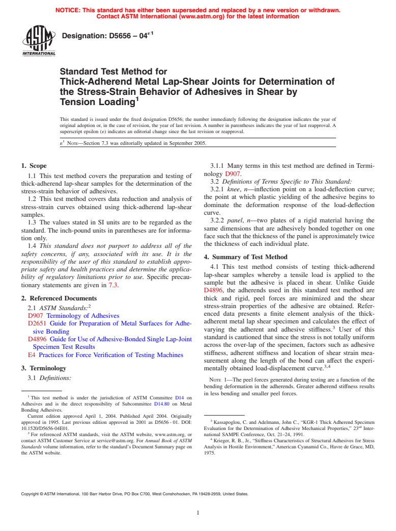 ASTM D5656-04e1 - Standard Test Method for Thick-Adherend Metal Lap-Shear Joints for Determination of the Stress-Strain Behavior of Adhesives in Shear by Tension Loading