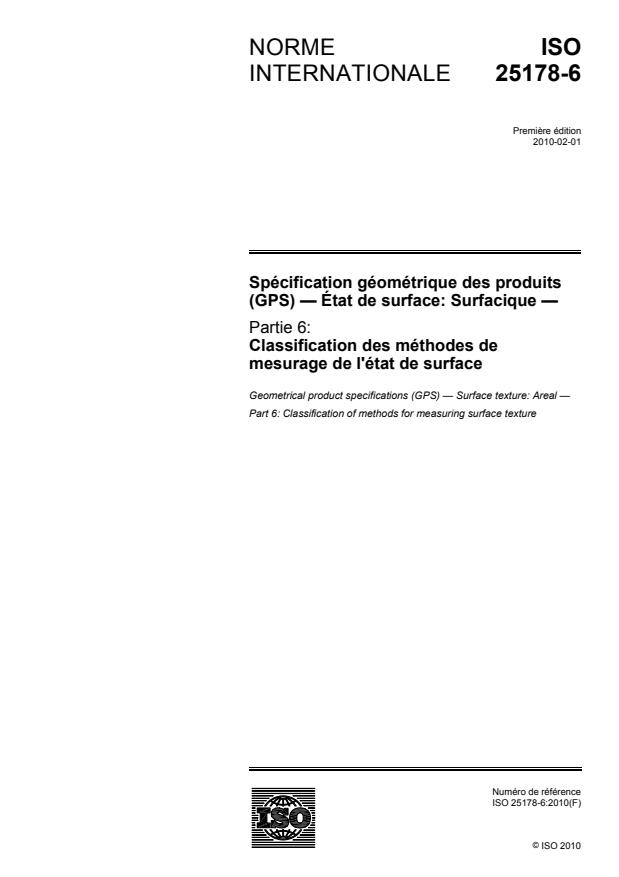 ISO 25178-6:2010 - Spécification géométrique des produits (GPS) -- État de surface: Surfacique