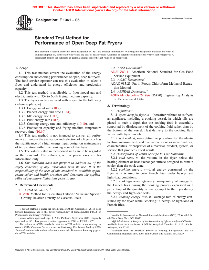 ASTM F1361-05 - Standard Test Method for Performance of Open Deep Fat Fryers