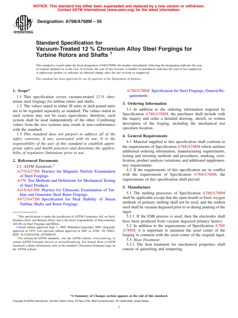 ASTM A768/A768M-05 - Standard Specification for Vacuum-Treated 12 % Chromium Alloy Steel Forgings for Turbine Rotors and Shafts