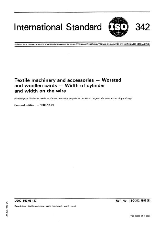 ISO 342:1983 - Textile machinery and accessories -- Worsted and woollen cards -- Width of cylinder and width on the wire