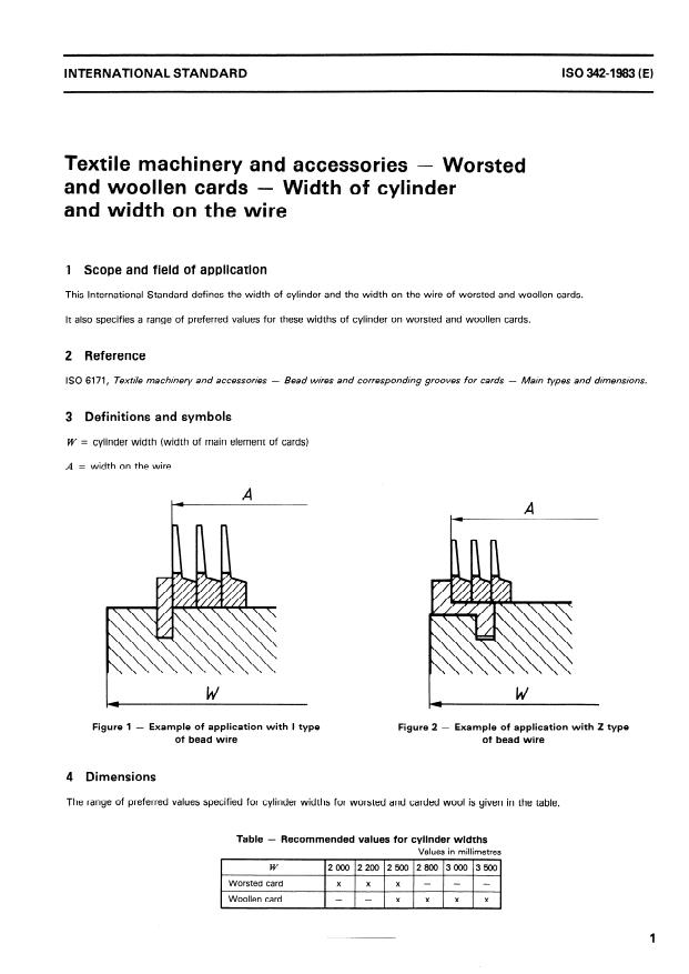 ISO 342:1983 - Textile machinery and accessories -- Worsted and woollen cards -- Width of cylinder and width on the wire