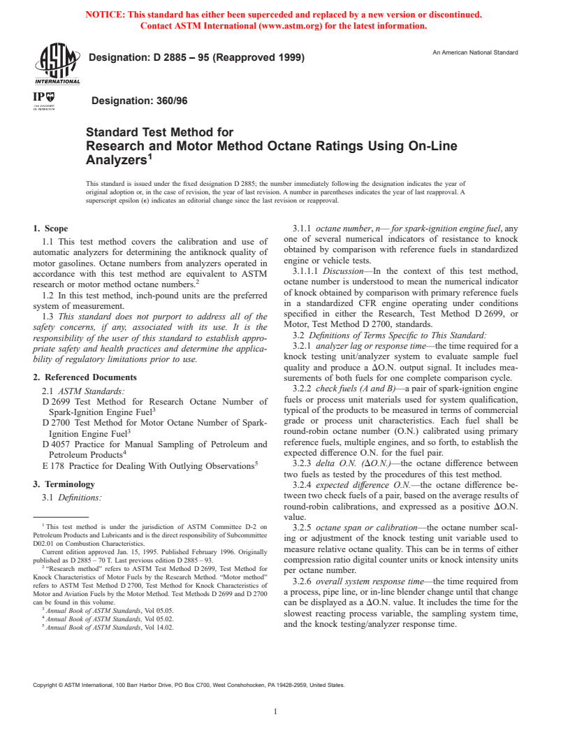 ASTM D2885-95(1999) - Standard Test Method for Research and Motor Method Octane Ratings Using On-Line Analyzers