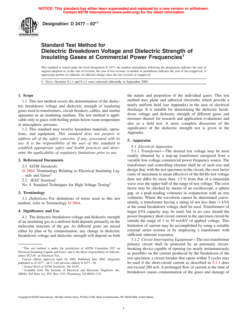 ASTM D2477-02e1 - Standard Test Method for Dielectric Breakdown Voltage and Dielectric Strength of Insulating Gases at Commercial Power Frequencies