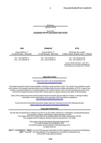 SIST ES 202 975 V2.1.1:2016 ETSI ES 202 975 V2.1.0 (2015-07) - Human Factors (HF); Requirements for relay services - Page 2 preview