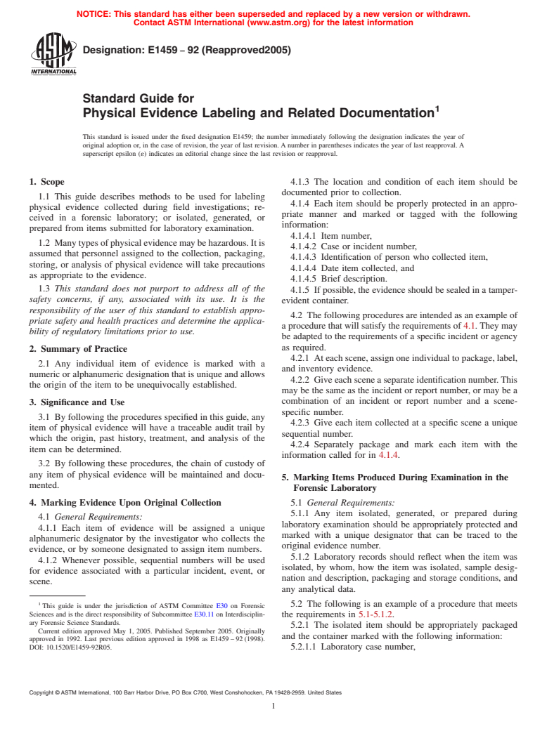 ASTM E1459-92(2005) - Standard Guide for Physical Evidence Labeling and Related Documentation