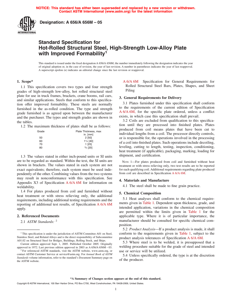 ASTM A656/A656M-05 - Standard Specification for Hot-Rolled Structural Steel, High-Strength Low-Alloy Plate with Improved Formability