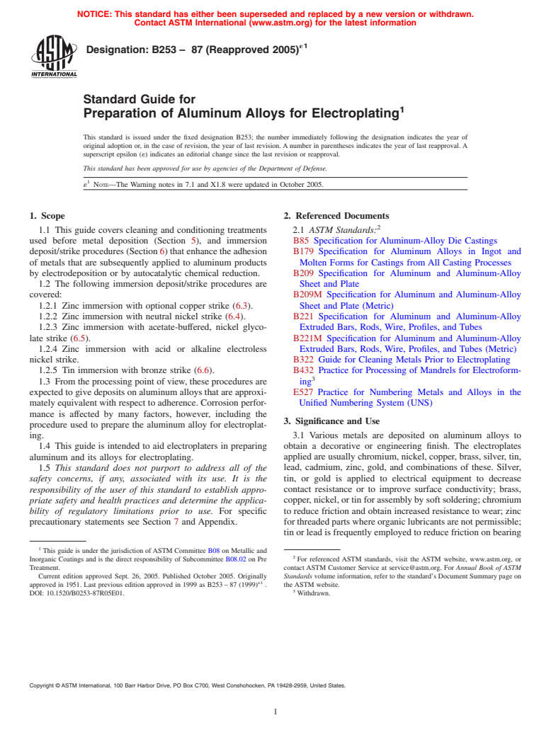 ASTM B253-87(2005)e1 - Standard Guide for Preparation of Aluminum Alloys for Electroplating