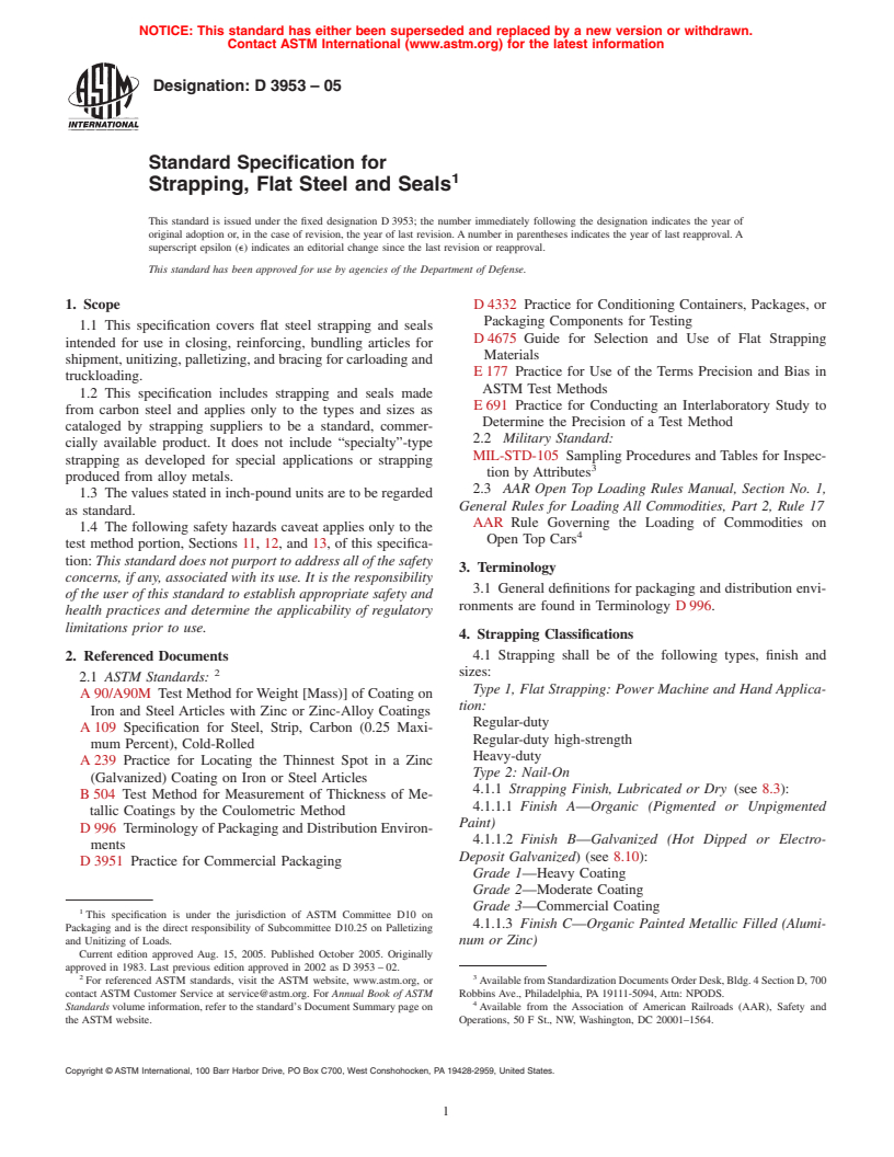 ASTM D3953-05 - Standard Specification for Strapping, Flat Steel and Seals