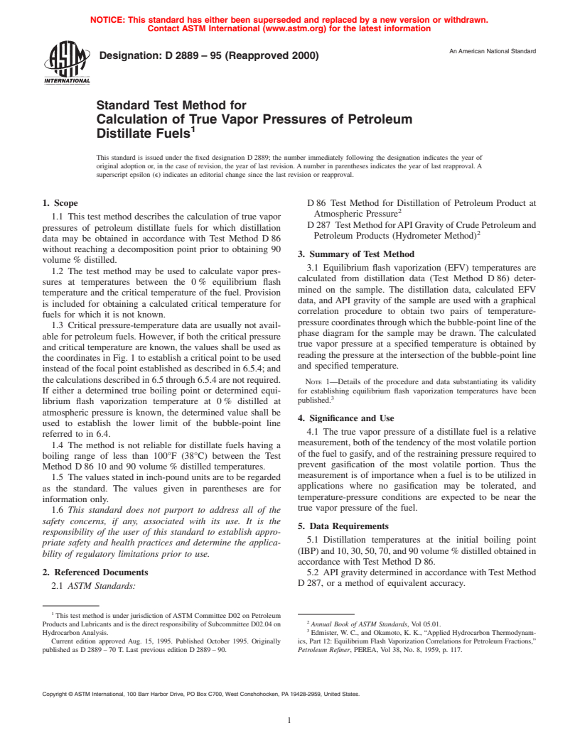 ASTM D2889-95(2000) - Standard Test Method for Calculation of True Vapor Pressures of Petroleum Distillate Fuels